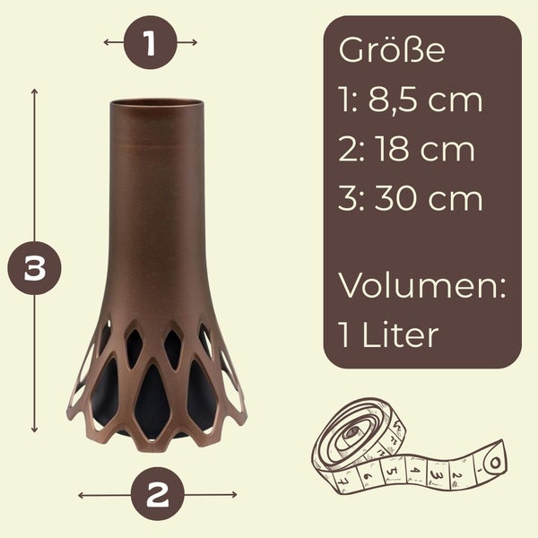 Blumenständer mit Größenangaben 8,5 cm, 18 cm und 30 cm sowie Volumenangabe 1 Liter
