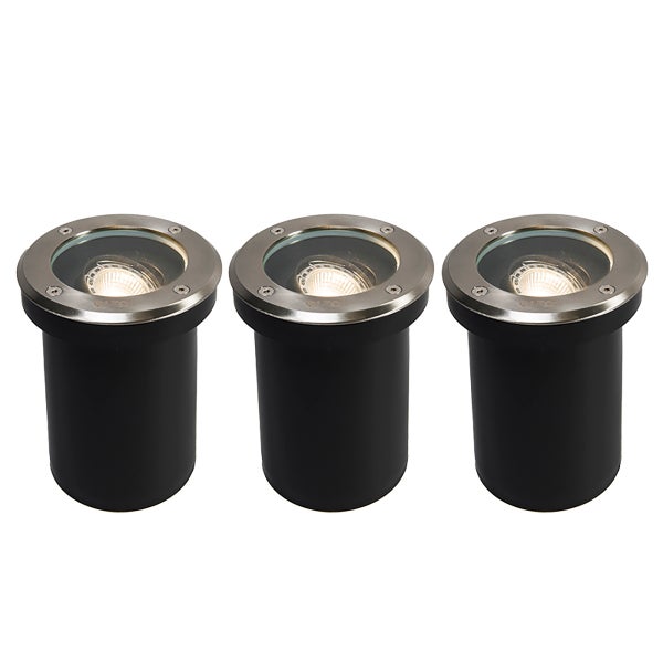Set aus drei LED Bodeneinbaustrahlern aus Edelstahl und Kunststoff für den Außenbereich.