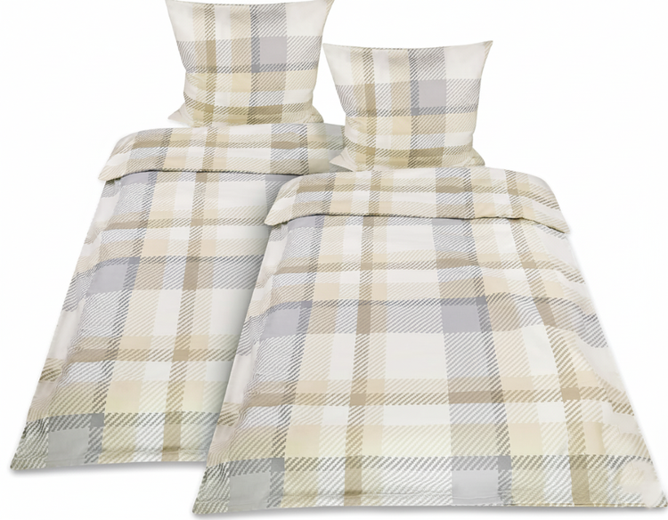 Bettwäsche-Set mit Karomuster in Grau, Beige und Weiß bestehend aus Bettbezug und Kissenbezug.