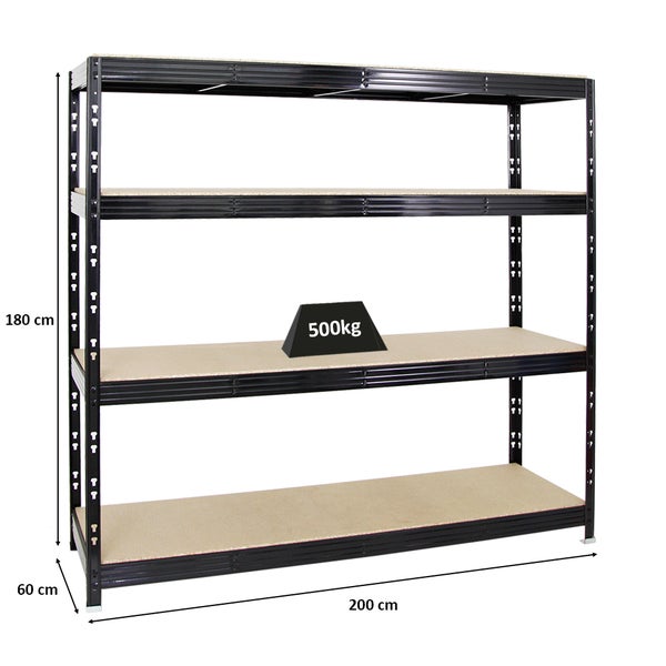 PROREGAL Profi Schwerlastregal Rhino HxBxT 180 x 200 x 60 cm 4 Spanplatten-Ebenen 16mm Fachlast 500 kg Schwarz
