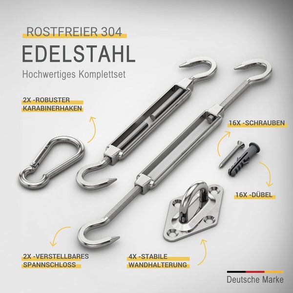 Edelstahl Komplettset mit Karabinerhaken, Schraubenhaken, Schrauben, Dübel, Spannschloss und Wandhalterung