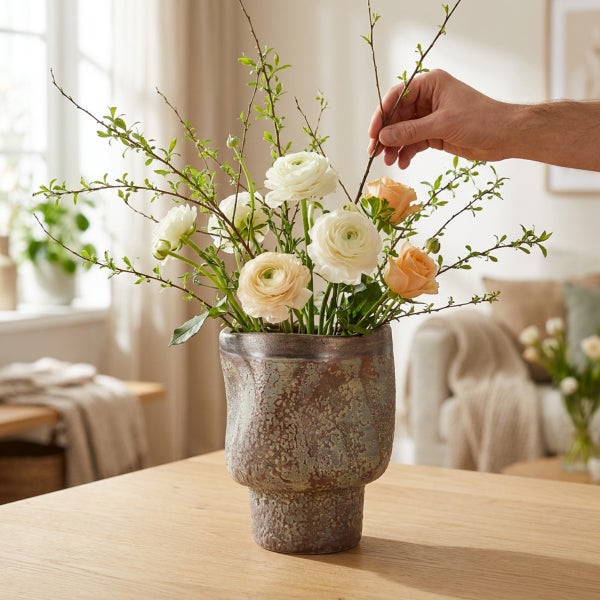 Hand arrangiert einen Blumenstrauß aus Ranunkeln und Zweigen in einer strukturierten Keramikvase auf einem Holztisch in einem hellen Wohnzimmer.