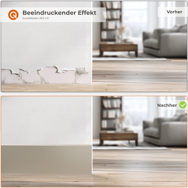 Vorher-Nachher-Vergleich einer Wand mit Sockelleiste: Vorher beschädigte Wand, nachher renovierte Wand mit Sockelleiste.