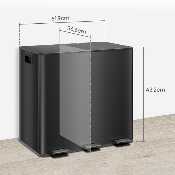 HOMCOM Mülleimer 3 x 15L Treteimer Kosmetikeimer Abfalleimer mit Deckel und Fußpedal, Müllbehälter mit Inneneimer, für Wohnzimmer, Büro, Edelstahl, 61,9 x 36,6 x 43,2 cm