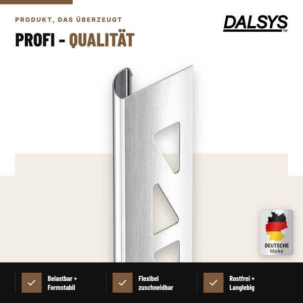 Dalsys Fliesenprofil aus Metall für den Kantenabschluss an Fliesen, rostfrei, belastbar und formstabil, deutsche Marke.