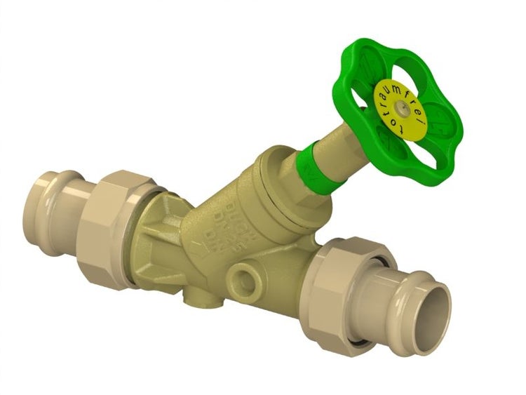 Schrägsitzventil mit Pressanschluss, totraumfrei.