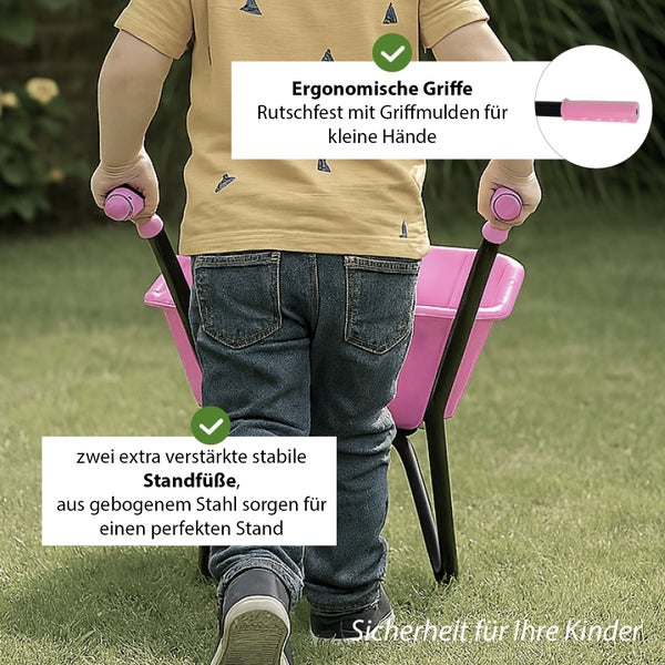 Kind schiebt Schubkarre mit ergonomischen Griffen und Stahlfüßen