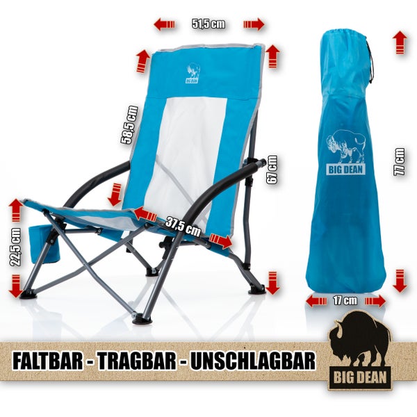 Faltbarer Campingstuhl mit Tragetasche und Maßangaben