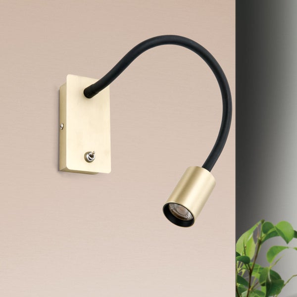 Wandleuchte mit flexiblem Arm, Wandplatte und Leuchtenkopf aus Metall, inklusive Kippschalter zur Montage an der Wand.