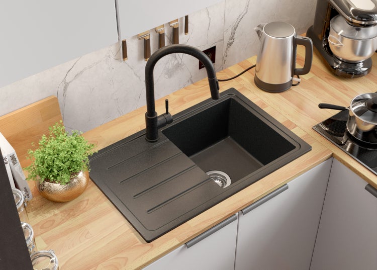 PRIMAGRAN Spülbecken Anthrazit 70x44cm, Granitspüle 1 Becken + Ablauf-Set, Küchenspüle ab 45er Unterschrank - Kopenhagen Easy