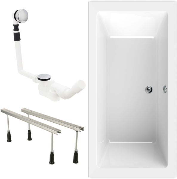 Set aus rechteckiger Badewanne, Ab- und Überlaufgarnitur sowie höhenverstellbaren Wannenfüßen.