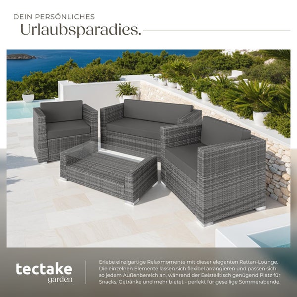 Rattan Lounge tectake München mit Sicherheitsglasplatte mit Aluminiumgestell grau