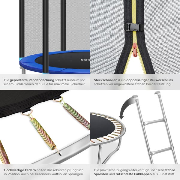 Trampolin-Details: gepolsterte Randabdeckung, Sicherheitsnetz mit Reißverschluss und Schnalle, Stahlfedern und eine Zugangsleiter aus Metall.