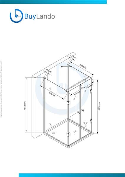 Technische Zeichnung einer Duschkabine mit Maßangaben.