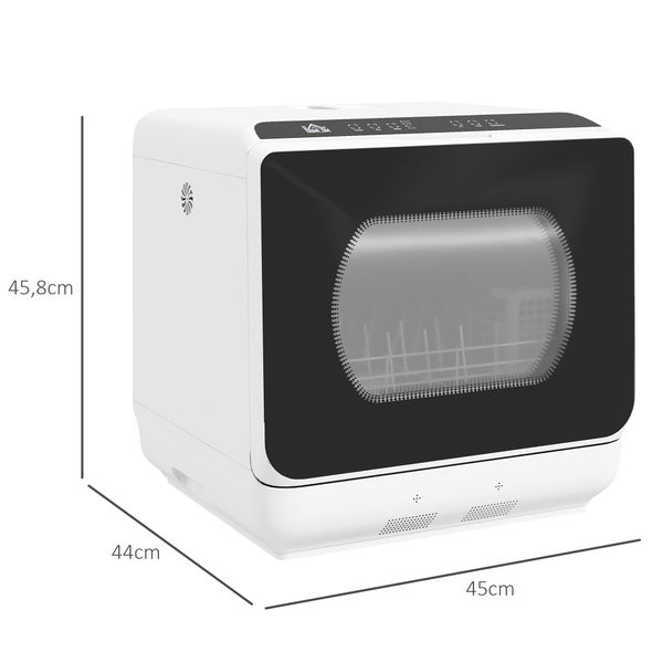 HOMCOM Tischgeschirrspüler mit/ohne Wasseranschluss benutzbar Mini Geschirrspüler mit Platz für 4 Maßgedecke, 6 Programmen, eingebautem 6-Liter-Wassertank, für Büro,Camping, Wohnmobil, Weiß