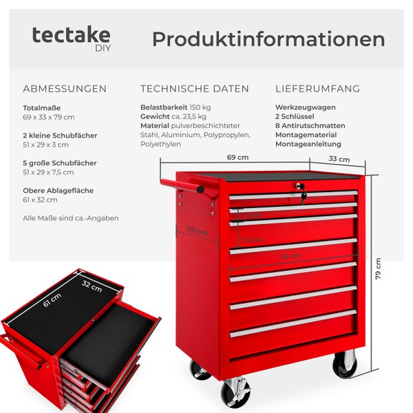 Produktinformationen zu Tectake Werkzeugwagen mit Abmessungen, technischen Daten und Lieferumfang