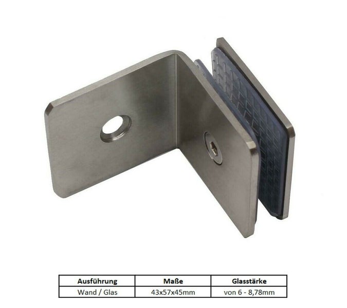 Wand zu Glas Glasklemme aus Metall mit einer Abmessung von 43 mal 57 mal 45 Millimeter für Glasstärken von 6 bis 8,78 Millimeter