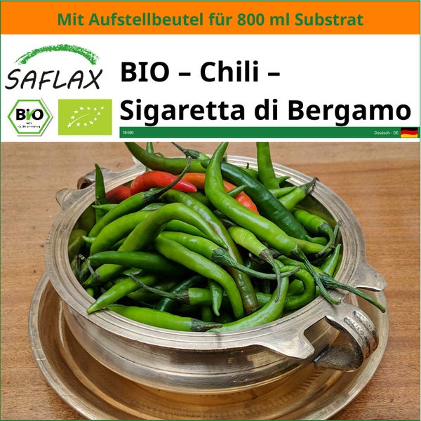 SAFLAX Garden in the bag - BIO – Chili – Sigaretta di Bergamo - Capsicum annuum - 10 Samen - Mit Anzuchtsubstrat im praktischen, selbst aufstellenden Beutel