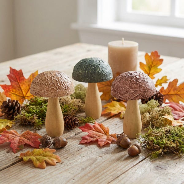 Herbstliche Tischdekoration mit drei dekorativen Pilzfiguren aus Holz, umgeben von künstlichen Blättern, Moos, Eicheln und einer Stumpenkerze.