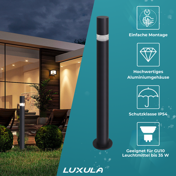 Gartenansicht mit LUXULA Außenleuchte aus Aluminium und Symbolen für einfache Montage, hochwertiges Aluminiumgehäuse, Schutzklasse IP54 und geeignet für GU10 Leuchtmittel bis 35 Watt