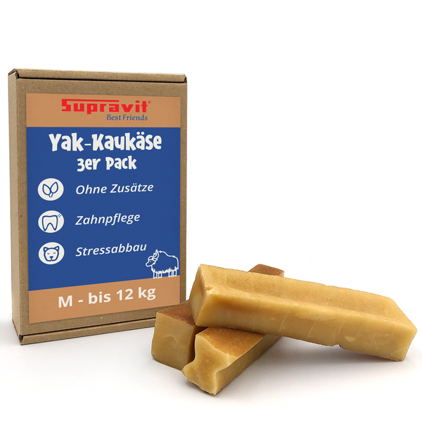 Supravit Yak Kaukäse 3er Pack Größe M für Hunde bis 12 Kilogramm in der Verpackung mit drei Käsestangen.