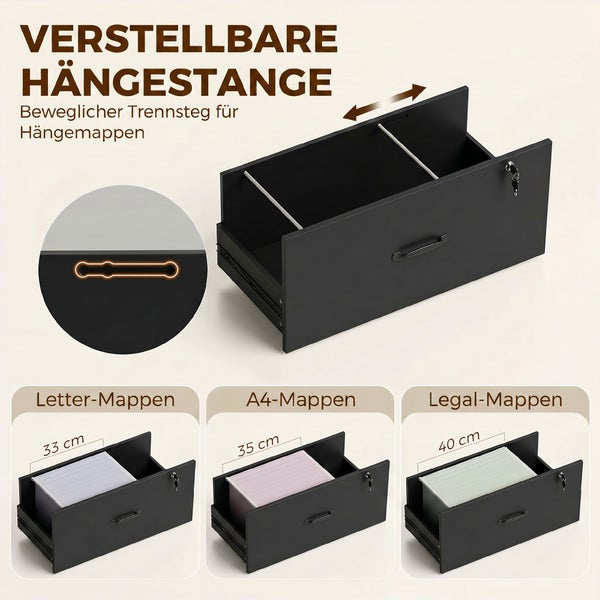 Schublade für Hängemappen mit verstellbarer Trennstange für Letter 33 cm, A4 35 cm und Legal 40 cm, abschließbar.