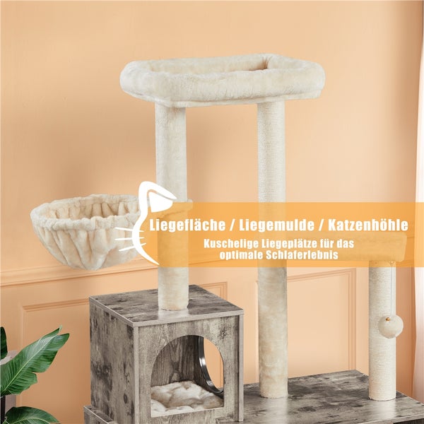 Katzenkratzbaum mit Liegeflächen, Liegemulde und Katzenhöhle für ein optimales Schlaferlebnis.