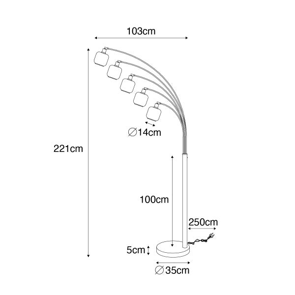 Abmessungen einer Stehlampe mit fünf Leuchten
