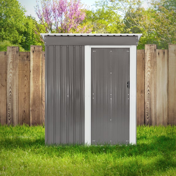 ML-Design Metall Gerätehaus M mit Pultdach, Schiebetür und Fundament, 2,1 m³, 150x184x76 cm, Hellgrau, Geräteschuppen aus Stahl, Geräumiges Gartenhaus Outdoor, Garten Schuppen klein Geräteschrank