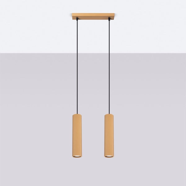 Doppelte Pendelleuchte mit zylindrischen Lampenschirmen aus Holz