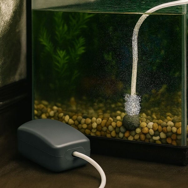 Aquarium mit Luftpumpe und Ausströmerstein