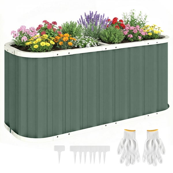 Hochbeet aus Wellblech mit abgerundeten Ecken, bepflanzt mit Blumen, inklusive Gartenhandschuhen und Pflanzensteckern.