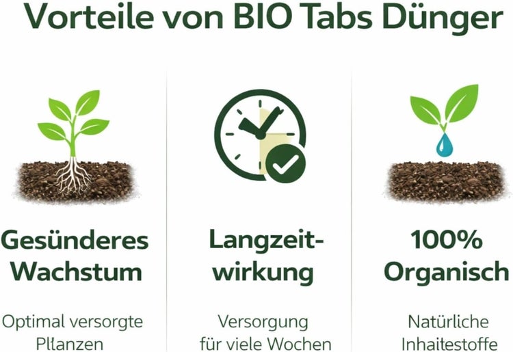 Vorteile von Bio Tabs Dünger: Gesünderes Wachstum für optimal versorgte Pflanzen, Langzeitwirkung über viele Wochen und 100 Prozent organisch.