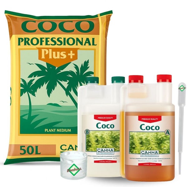 CANNA Coco Professional Plus Pflanzmedium 50 Liter, CANNA Coco A und B Dünger, Weedness Messbecher und Pipette.