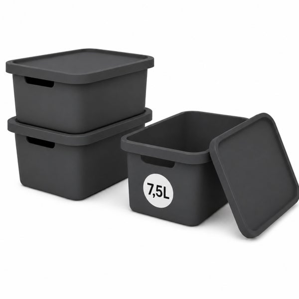 Drei Kunststoff Aufbewahrungsboxen mit Deckel und einem Fassungsvermögen von 7,5 Litern zur Organisation.