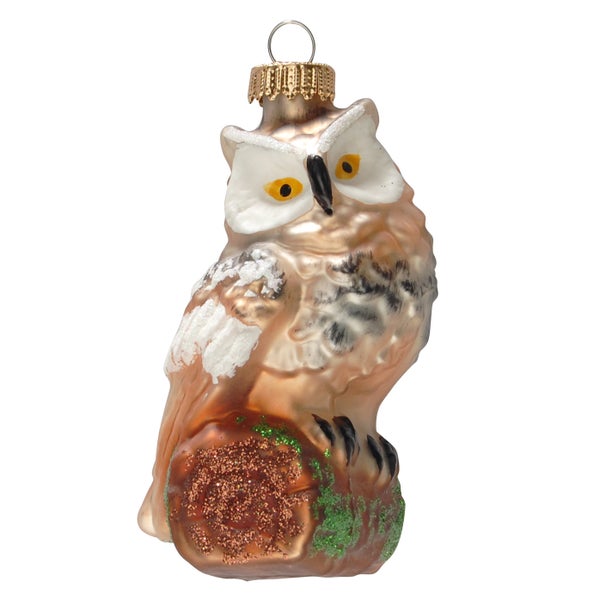 Kleine Eule auf Holzstamm 8cm, Glasornament, mundgeblasen und handdekoriert, 1 Stck., Weihnachtsbaumkugeln, Christbaumschmuck, Weihnachtsbaumanhänger