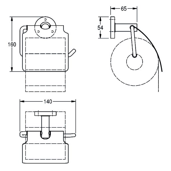 Technische Zeichnung Toilettenpapierhalter mit Deckel: Höhe 160 Millimeter, Breite 140 Millimeter, Tiefe 65 Millimeter.