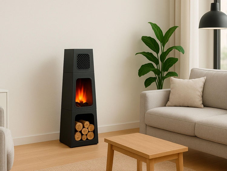 Dekorativer Elektrokamin mit Holzfächern in einem Wohnzimmer.