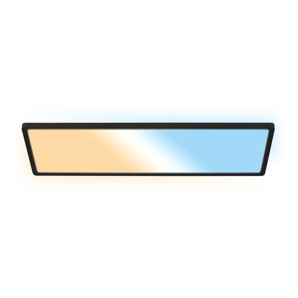 Rechteckige LED-Deckenleuchte mit schwarzem Rahmen und einstellbarer Farbtemperatur von Warmweiß bis Kaltweiß.
