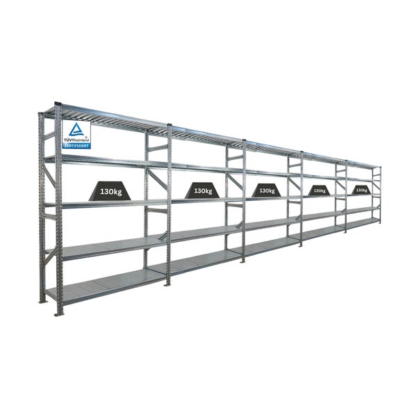 Metallregalsystem mit fünf Ebenen und TÜV Rheinland Zertifizierung, Traglast 130 Kilogramm