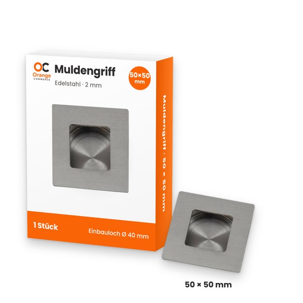 Orange Commerce Muldengriff aus Edelstahl, quadratisch 50 mal 50 Millimeter mit 40 Millimeter Einbauloch in der Verpackung.
