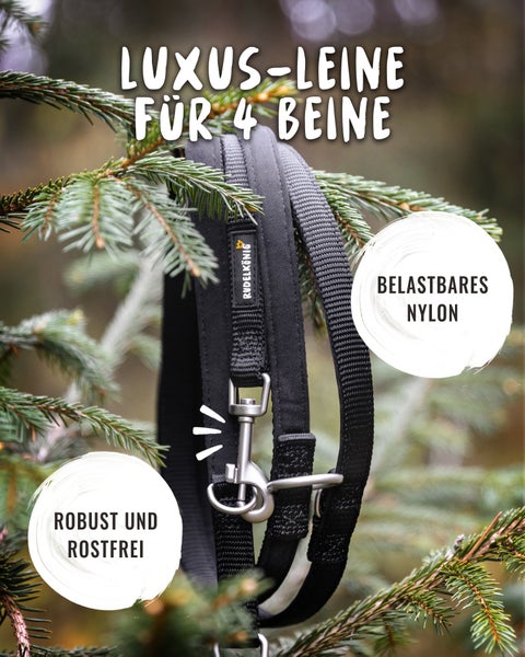 Schwarze Hundeleine aus Nylon mit Karabinerhaken und Rudelkönig Logo.