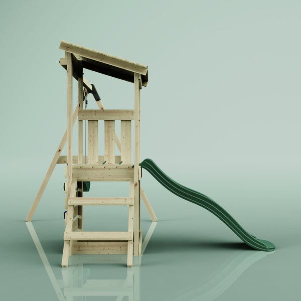 Spielturm aus Holz mit Rutsche und Schaukel