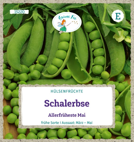 Samentüte für Schalerbse Allerfrüheste Mai mit Grüne Fee Logo, frühe Sorte, Aussaat von März bis Mai.