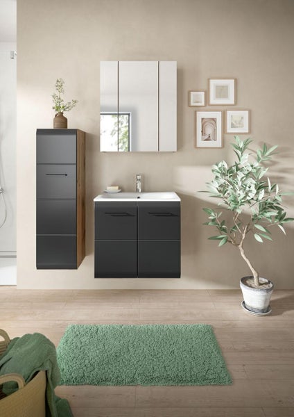 Modernes Badezimmermöbel-Set in Anthrazit und Holzoptik, bestehend aus Waschtischunterschrank mit Waschbecken, Spiegelschrank und Hochschrank.