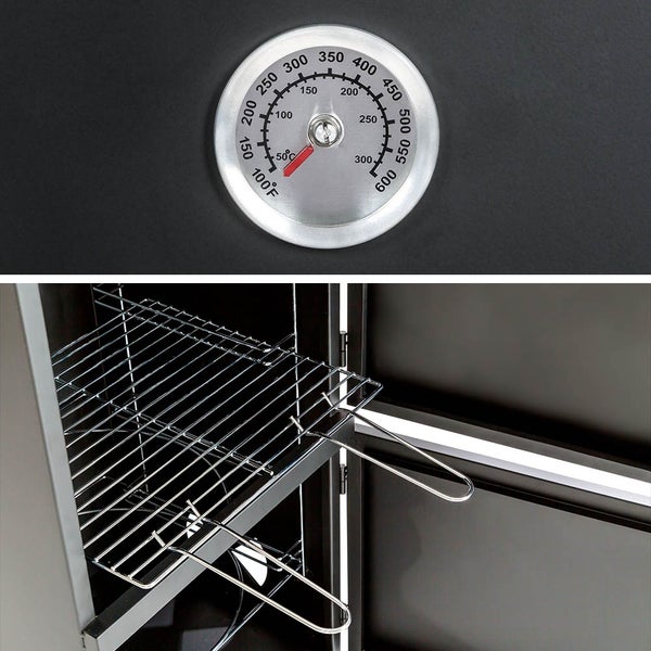 Detailansicht eines Grills mit Temperaturanzeige und Grillrosten.