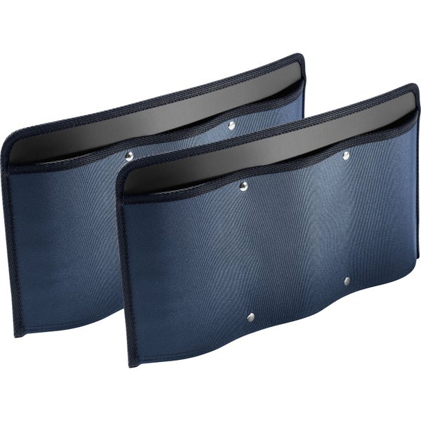 Zwei dunkelblaue Utensilientaschen aus robustem Stoff mit Befestigungsnieten zur Aufbewahrung von Werkzeug oder Zubehör.