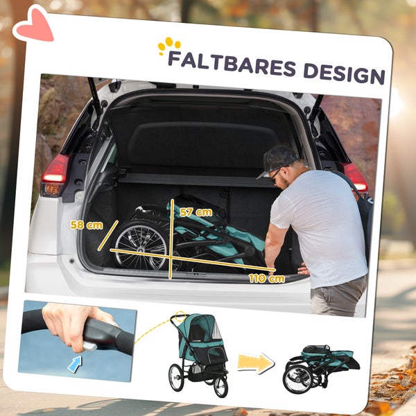 PawHut Hundewagen Hundebuggy klappbar für Hunde & Katzen bis 20 kg Katzenbuggy mit geländegängige Gummiräder Kissen Netzfenstern Türen Katzenwagen mit Aufbewahrungskorb Buggy Dunkelgrün