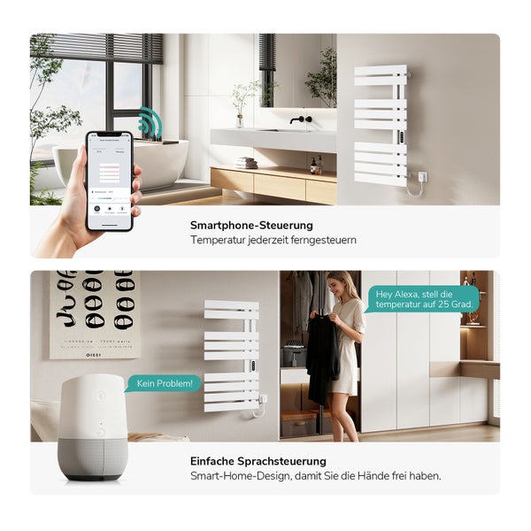 Weißer Handtuchheizkörper in modernem Bad und Schlafzimmer, steuerbar via Smartphone-App und Sprachsteuerung für Smart-Home-Komfort.