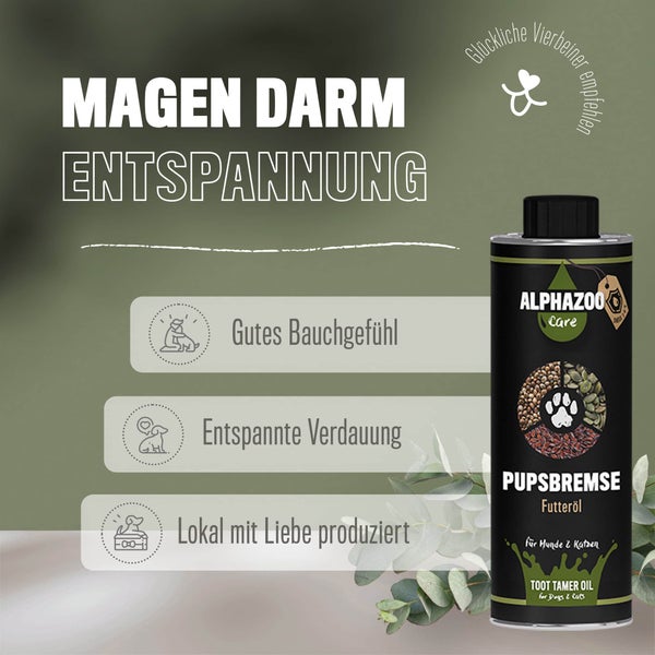 ALPHAZOO Pupsbremse Futteröl 250ml für Hunde und Katzen I Magen Darm und Verdauung